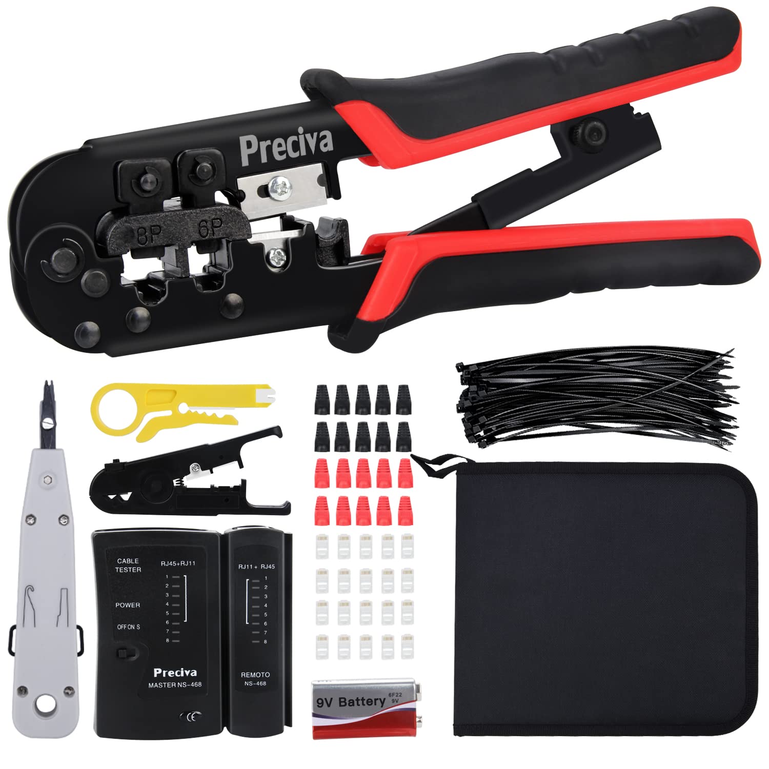 RJ45 Crimp Tool Kit, Preciva 97-in-1 Ethernet Crimping Network Toolkit for 8P/6P RJ11, RJ12, RJ45, CAT5, CAT5E, Computer Maintenance LAN Cable Tester Repair Set, Cable Tester, Wire Stripper