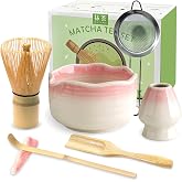 JBER Matcha Whisk Set, 7PCS Matcha Set with Bamboo Whisk and Ceramic Bowl | Complete Matcha Kit Includes 17oz Bowl, Handmade Whisk 100 Prongs, Holder, Spoon, Sifter for Matcha Lovers, Gradient Pink