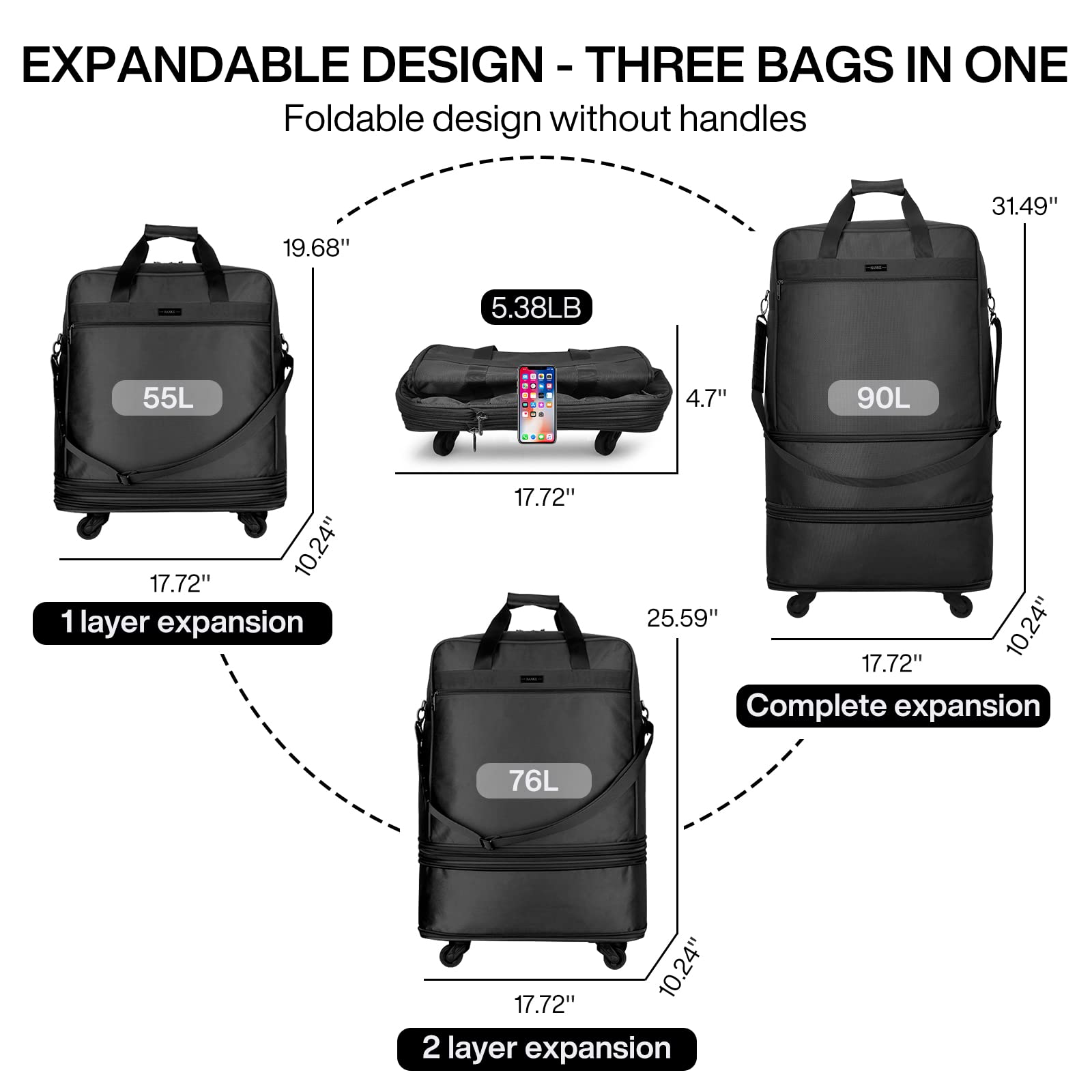 Hanke Suitcases with Wheels Expandable Foldable Luggage Bag Suitcase Collapsible Rolling Travel Bag Duffel Bag for Men Women Lightweight Suitcases without Telescoping Handle