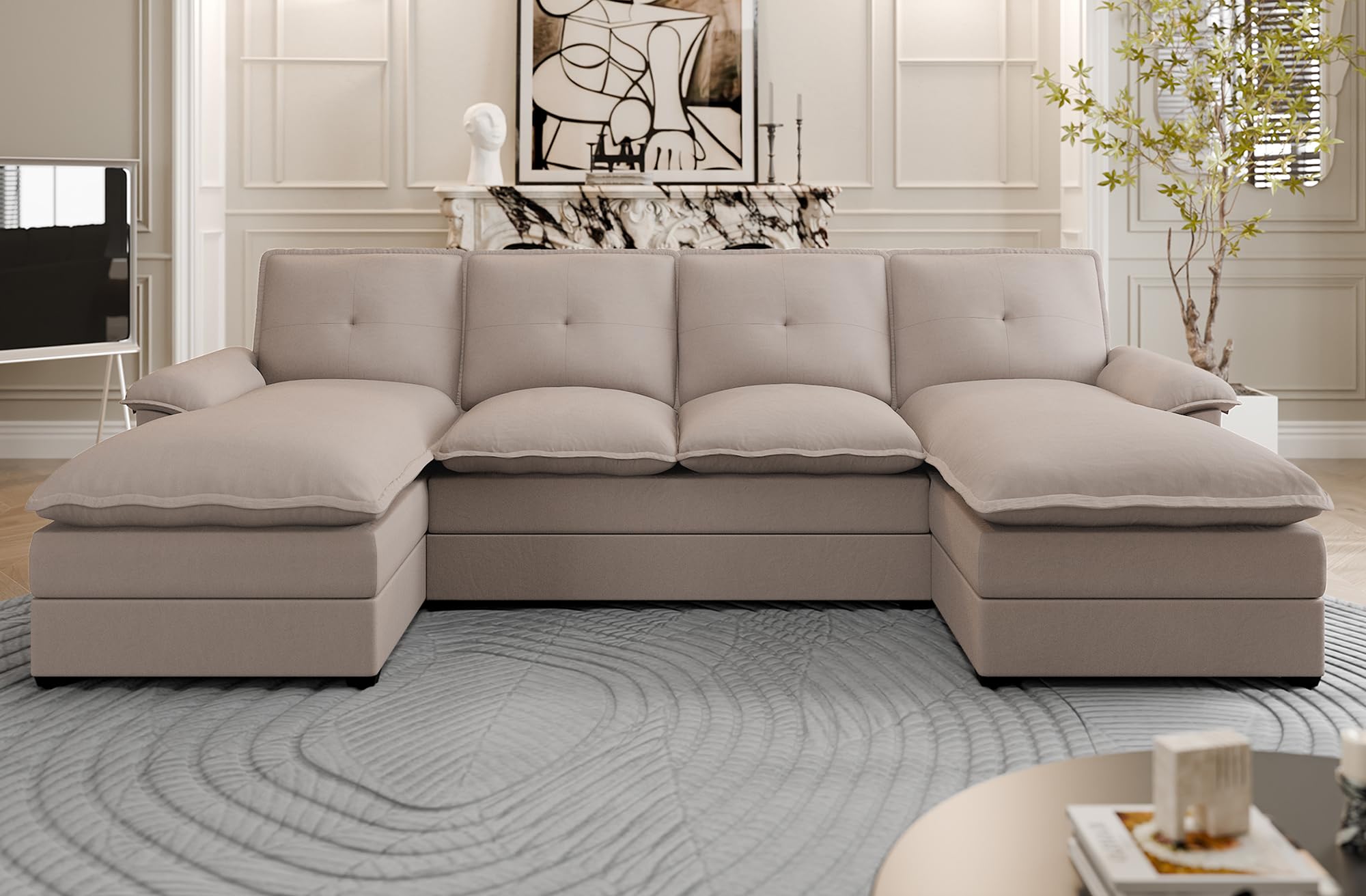 Photo 1 of 110" Sectional Couches for Living Room,4 Seat U Shape Modular Couch with Thick Cushion & Soft Backrest,Upholstered Sofa Couch with Double Chaise,Beige