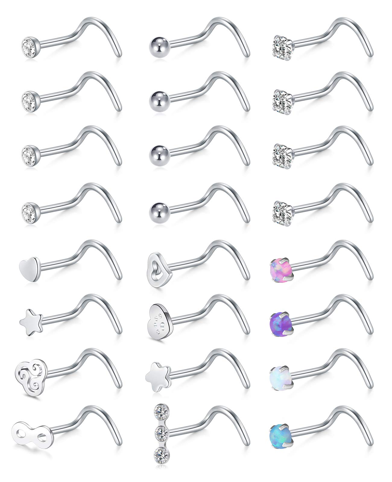 AceFun 20G Nose Piercing Jewelry –Screw Nose Studs | Stainless Steel Nose Bar for Women & Men (Silver) 0.8mm Heart Star Artificial Opal | Pink Blue Purple