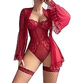 LadyIn Women Lingerie Set 3 Piece Kimono Robe with Lace Teddy Lingerie Bodysuit Waist Belt and Stockings