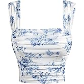 Milumia Girl's Ruched Floral Print Tank Top Square Neck Sleeveless Cropped Tops