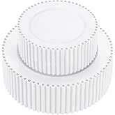 supernal 100pcs Silver Plastic Plates - Heavy Duty Elegant White Disposable Plates with Silver Beads Set Include 50 Plastic Dinner Plate and 50 Dessert Plate Perfect for Wedding, Birthday & Party