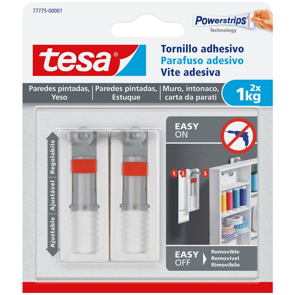 tesa 77775-00001-00 TE77775-00001-00 SMS Tornillo Adhesivo Ajustable Hasta 1Kg para Pared Pintada, Standard, Set of 2 Pieces