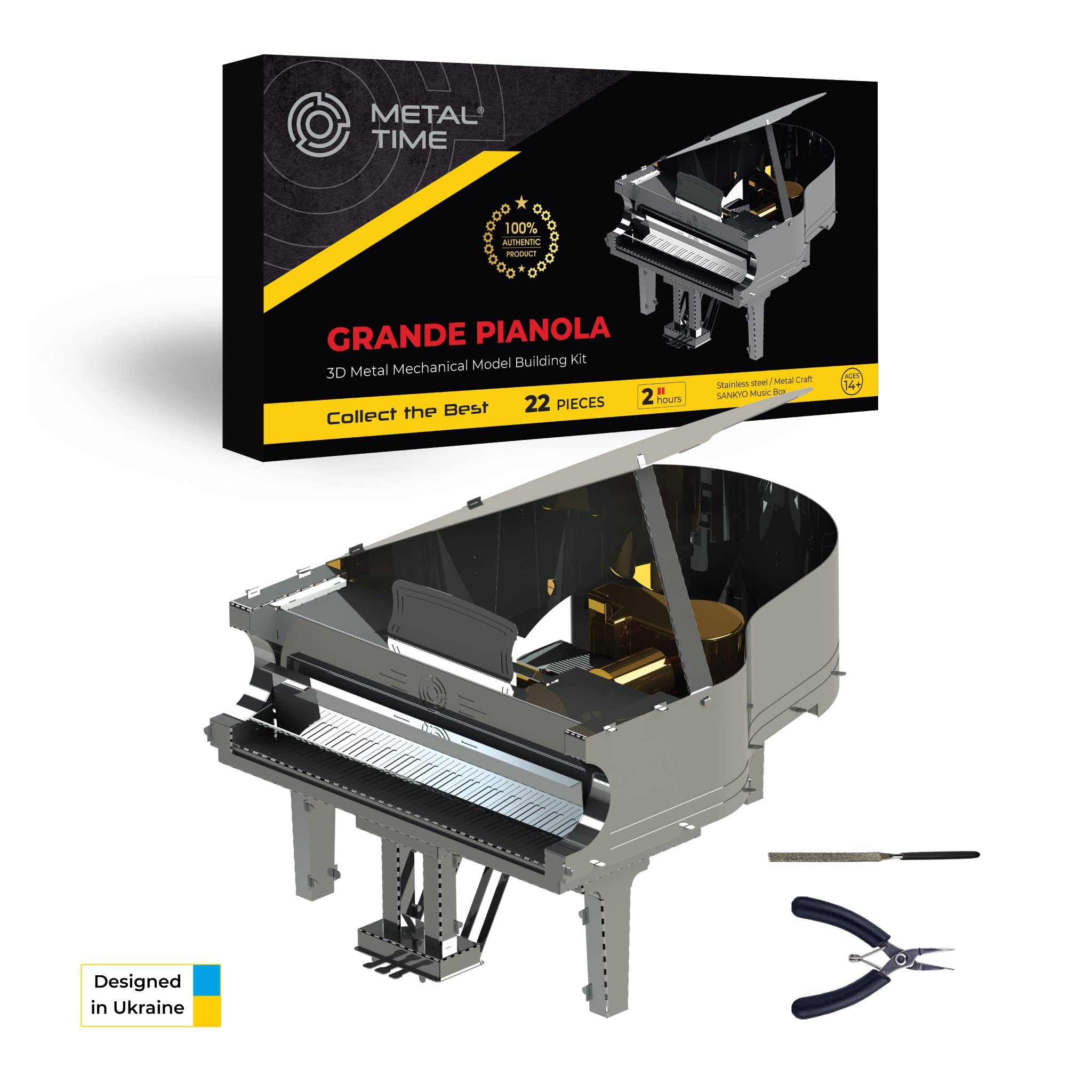 METAL-TIME Grand Piano, 3D Metal Model Kit, Miniature Grande PIANOLA, Steel & Gold, Classical Theme