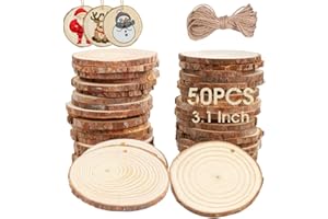 AerWo Natural Wood Slices 50 Pcs 2.7-3.1 Inches Craft Wood Kit Unfinished Predrilled with Hole Wooden Circles Tree Slices for Arts and Crafts Christmas Ornaments DIY Crafts
