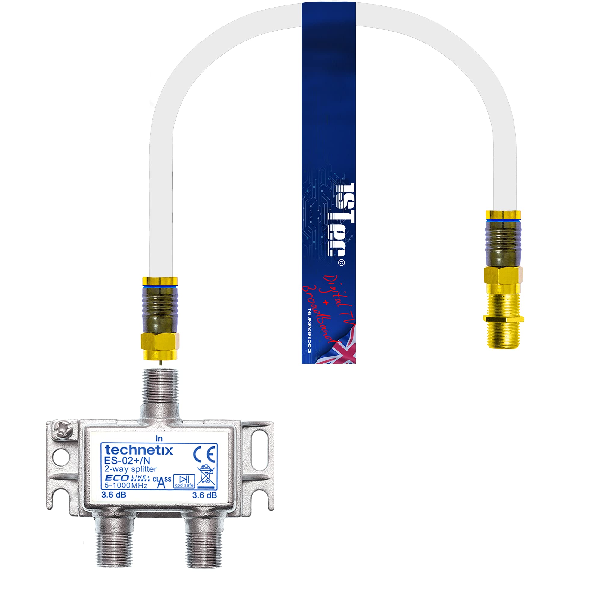 1STec Outdoor Virgin Media 2 Way F-connector Screw Type Genuine Technetix Wideband Digital TV Broadband Signal Splitter & Link Lead for TiVo Set Top Box Superhub Internet Router 5-1218MHZ External Kit