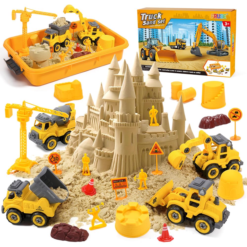 FRUSE Play Construction Sand Kit,Sand Box Toys Set with Play Sand,4 Take Apart Construction Trucks,4 Castle Molds,Sandbox with Lid,Sensory Toys for Kids Boys Girls Age 3-8