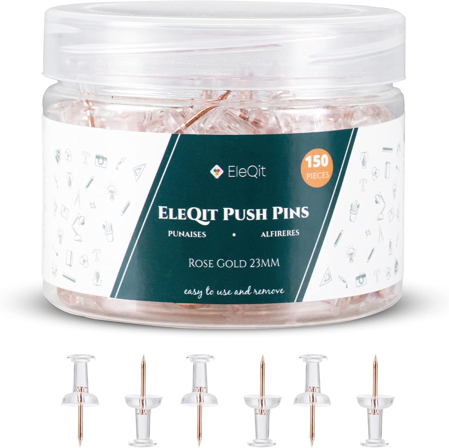 EleQit Push Pins 150 Pcs - Clear Plastic Head with Rose Gold Steel Point Used as Thumb Tacks on Maps, Bulletin Boards, Walls, Home, Room Decor, Office or Dorm Essentials : Office Products