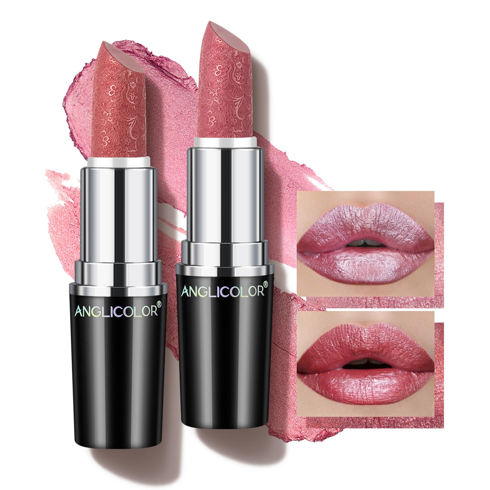 Anglicolor Metallic Glitter Pink Lipstick,High Impact Shimmer Lipcolor,Long-Lasting Moisturising,Lightweight Hydrating Creamy Formula Smooth and Non-Sticky,Lipstick For Women (#01+#11, 8g)