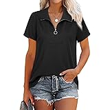 MCKOL Women's Loose Fit Short Sleeve Zipper Tops and Blouses Casual Collared Tunic Shirt