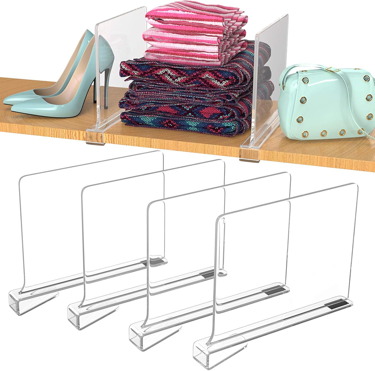 4PACK Premium Acrylic Shelf Clear Dividers MultiFunctional Wood Closet