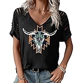 Country Concert Outfits for Women Nashville Cowgirl Western Country Graphic Tees Shirt Tops Cute V Neck Cut Out T Shirts