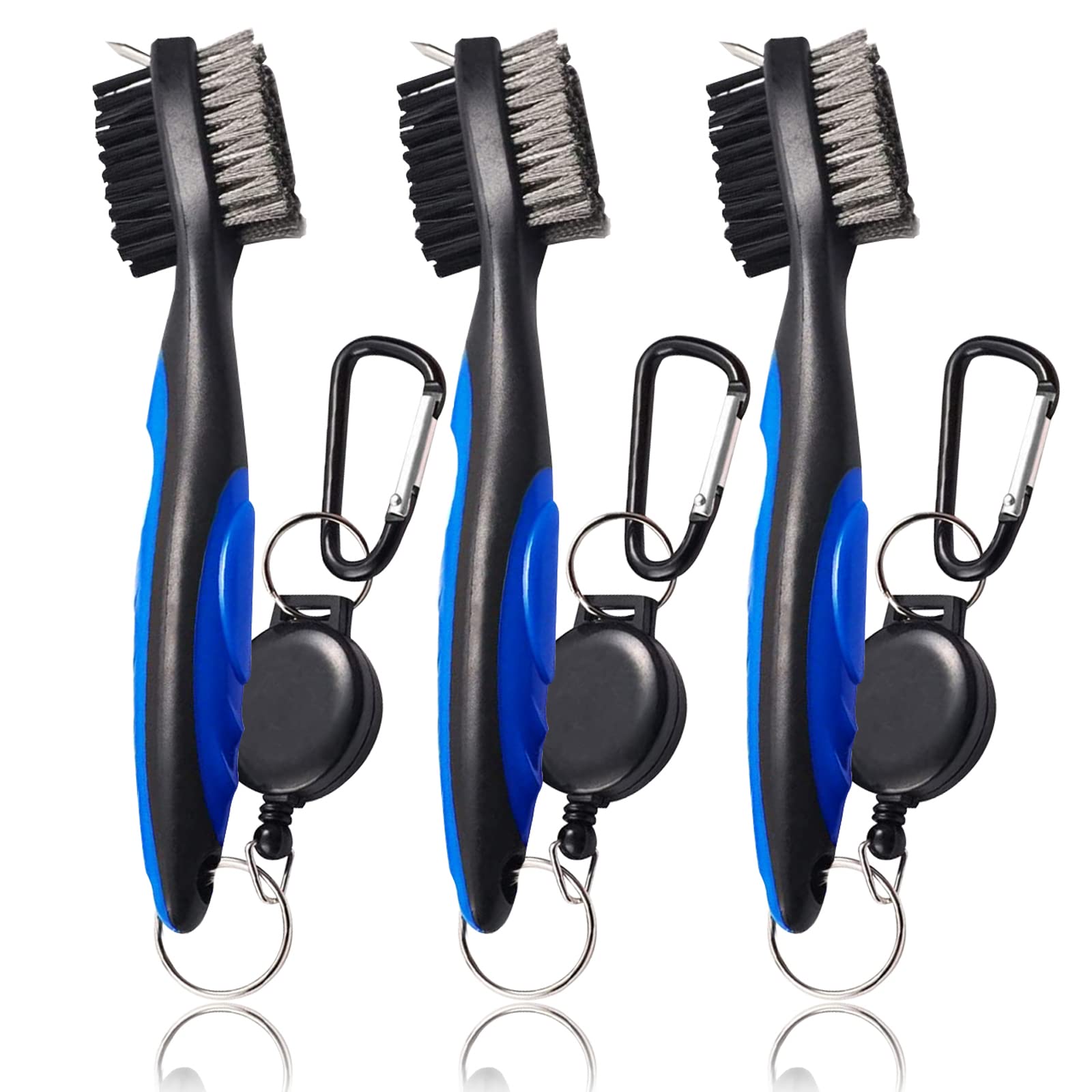 AXKAL Golf Club Brush Groove Cleaner Retractable 2 Ft Zip-line, Gof Aluminum Carabiner-Lightweight Stylish-Easily Attaches to Golf Bag Sports Outdoor for Men Women (3 Pack Blue)
