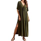 LUOFEN Women's Summer Empire Waist Batwing Sleeve Wedding Guest Dress Long Flowy V Neck High Slit Beach Maxi Dresses