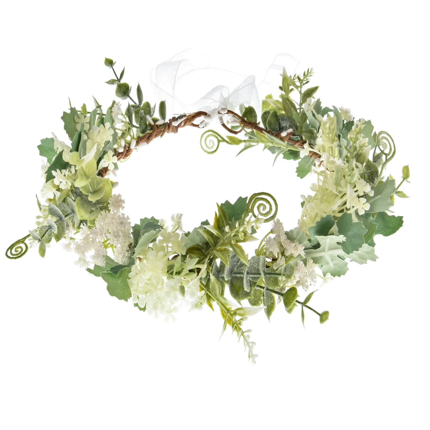 Adjustable Flower Crown Headband Flower Garland Hair Band Flower Halo Greenery Crown Floral Headpiece with Ribbon for Women Girls