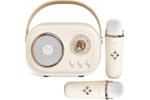 Aresrora Mini Karaoke Machine for Kids,Portable Bluetooth Speaker with 2 Wireless Microphone,Toys for Girls Boys Gifts,Retro Speaker Set Stereo Sound Enhanced Bass for Home Party Birthday (Yellow)