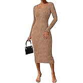 PRETTYGARDEN Womens Spring Dresses 2026 Long Sleeve Square Neck Knit Midi Beach Vacation Clothes Slit Bodycon Long Dress