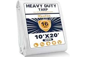 Kesfitt Tarp Heavy Duty Waterproof 10x20FT,16 Mil Thick Tarps Tear&Fade Resistant,UV Resistant,Poly Tarp Cover with Grommets and Reinforced Edges for Outdoor Camping Pools Boat Car(White)