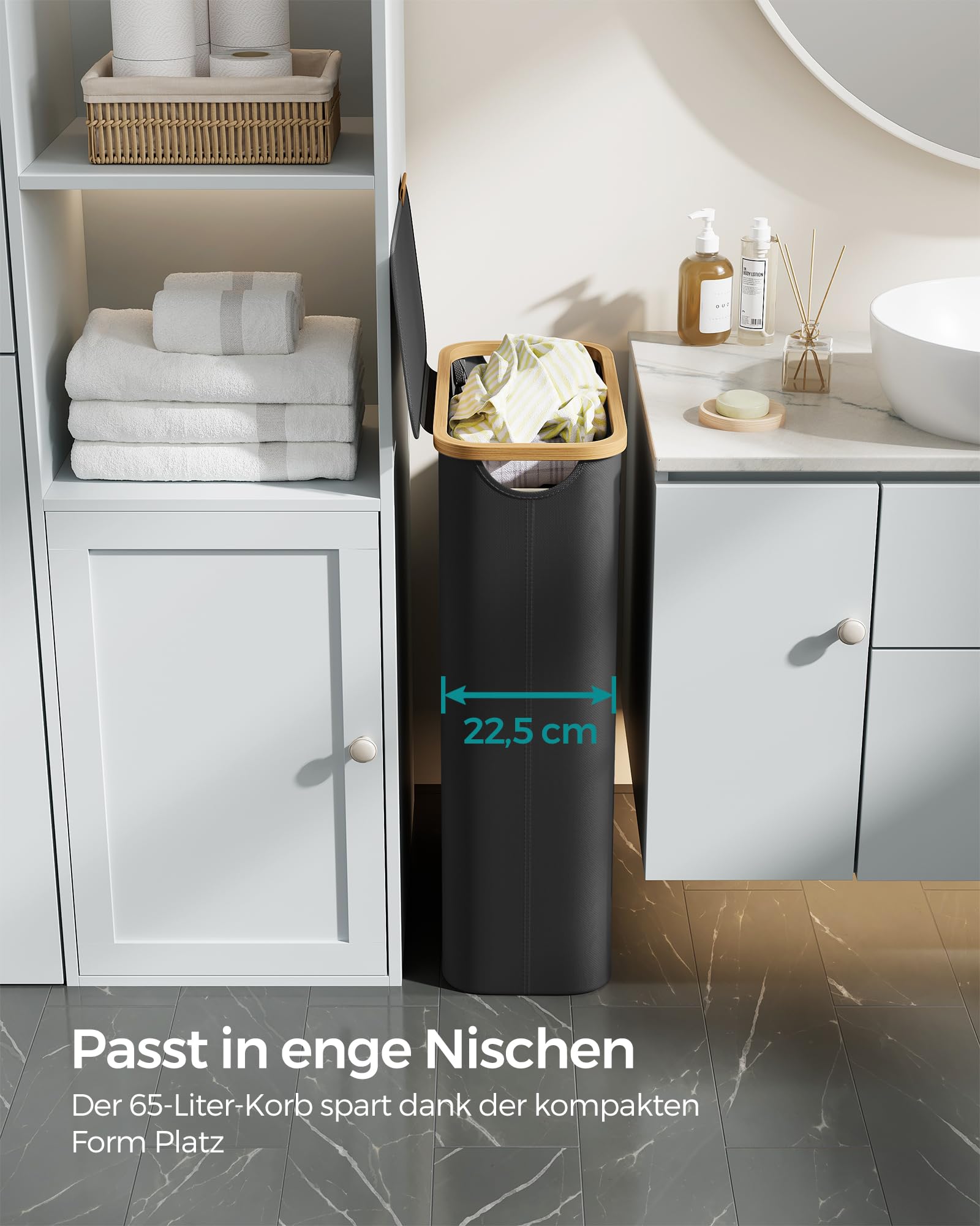 SONGMICS Wäschekorb mit Deckel, Wäschesammler 65 L, platzsparend, herausnehmbarer Wäschesack, Oxford-Gewebe, Griffe aus Bambus, zusammenklappbar, 42 x 22,5 x 70,5 cm, tintenschwarz LCB506B01 3