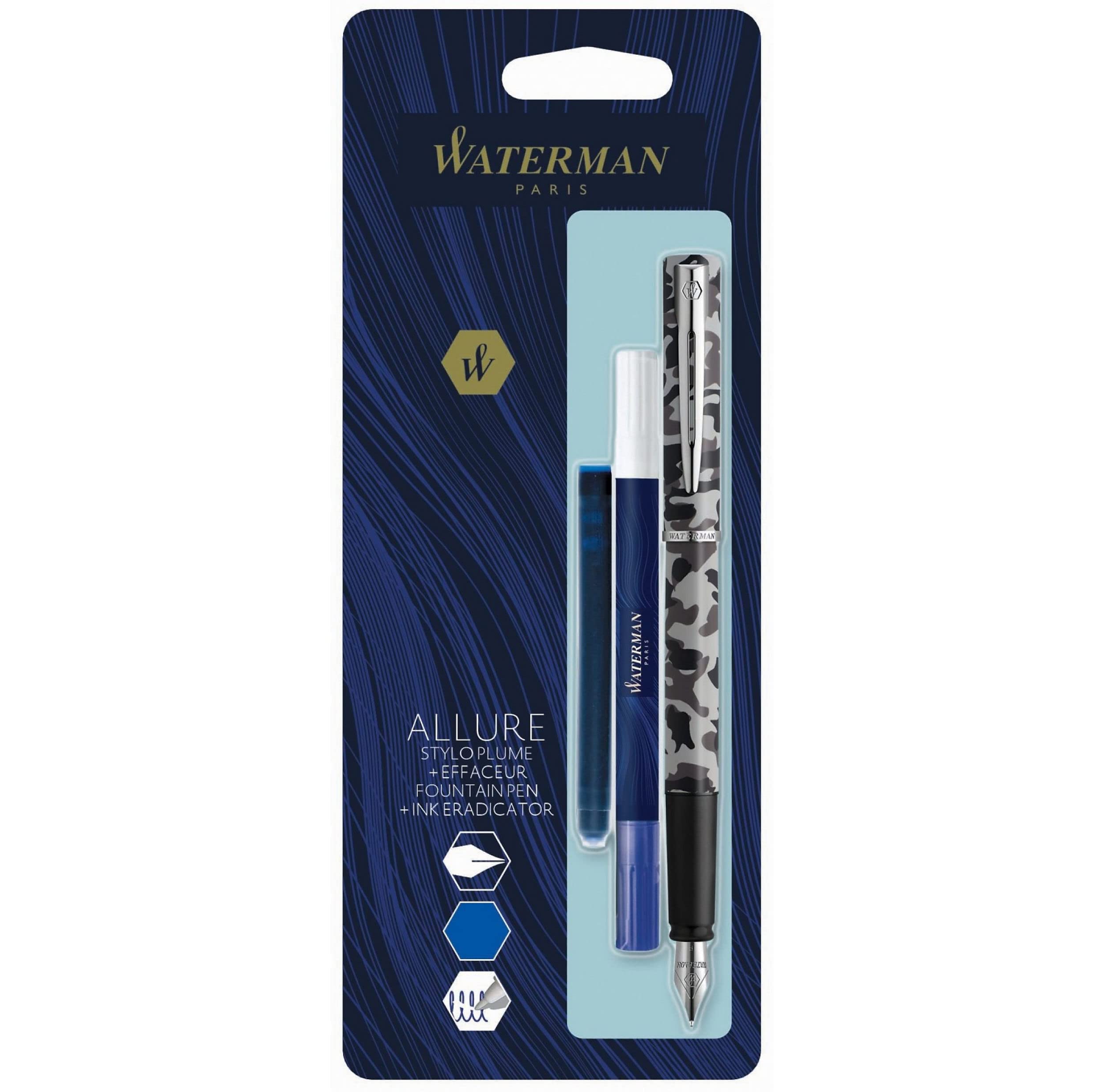 WATERMAN Graduate Allure Fountain Pen, Camouflage, Chrome trims, Fine Nib + blue cartridge + Eraser rewriter, blister
