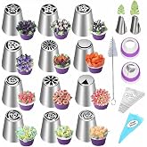 MDLJG 28 Pcs Russian Piping Tips Set, Frosting Nozzle Kit, Baking Supplies for Cookie Cupcake (12 Icing Tips 10 Pastry Baking Bags 2 Leaf Piping Tips 2 Couplers 1 Silicone Bag 1 cleaning brush)
