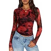 ZESICA Womens 2026 Spring Floral Mesh Going Out Tops Long Sleeve Crewneck Slim Fit Ruched Y2k Shirt Beach Vacation Outfit