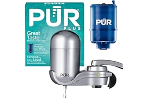 PUR PLUS Vertical Faucet Mount Water Filtration System, Lead-Reducing Filter, Great-Tasting Water, Easy Install, Lasts 100 Gallons, Compatible with Sinks with External Aerators, Chrome