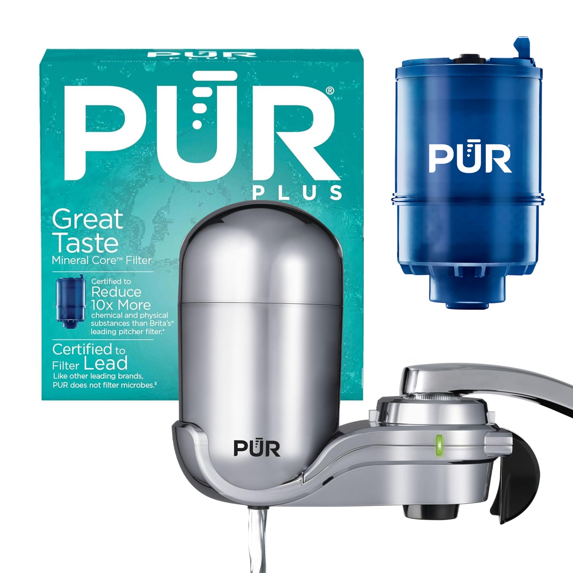 Photo 1 of PUR PLUS Vertical Faucet Mount Water Filtration System, Lead-Reducing Filter, Great-Tasting Water, Easy Install, Lasts 100 Gallons, Compatible with Sinks with External Aerators, Chrome