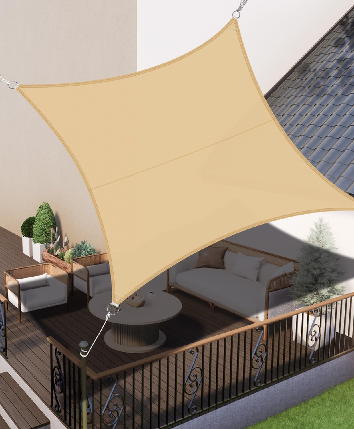 LOVE STORY Sun Shade Sail Waterproof Rectangle 4x4m Canopy Outdoor UV Block Sunshade Sail for Patio Garden Backyard，Sand