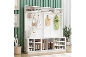 Homsee Extra Wide Modern Hall Tree with Storage Bench, 4-in-1 Entryway Bench with Coat Rack, Tall Hall Tree with 6 Metal Hooks, Shelves & 18 Storage Cubes for Hallway, Living Room, White