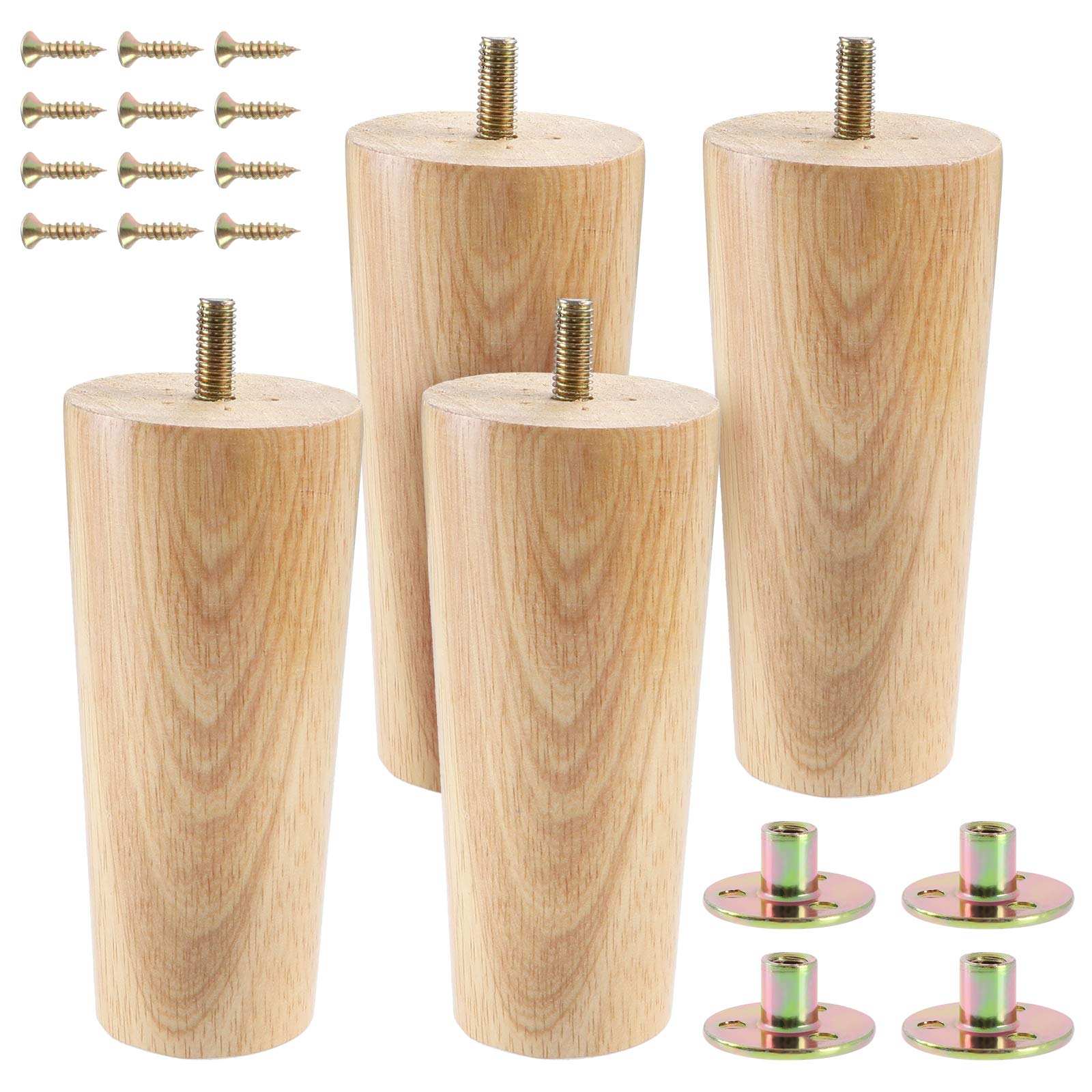4 PCS 13cm Solid Wood Furniture Legs Dresser Legs，Sofa Couch Bed Armchair Cabinet Conical Replacement Furniture Feet with Pre-Drilled M8 Bolts