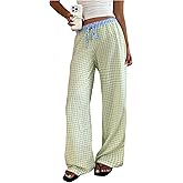 Floerns Women's Plaid Wide Leg Pants Low Rise Drawstring Casual Lounge Trousers