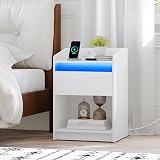 Hzuaneri Bedside Table with LED Light USB Outlets Charging Station White view 2