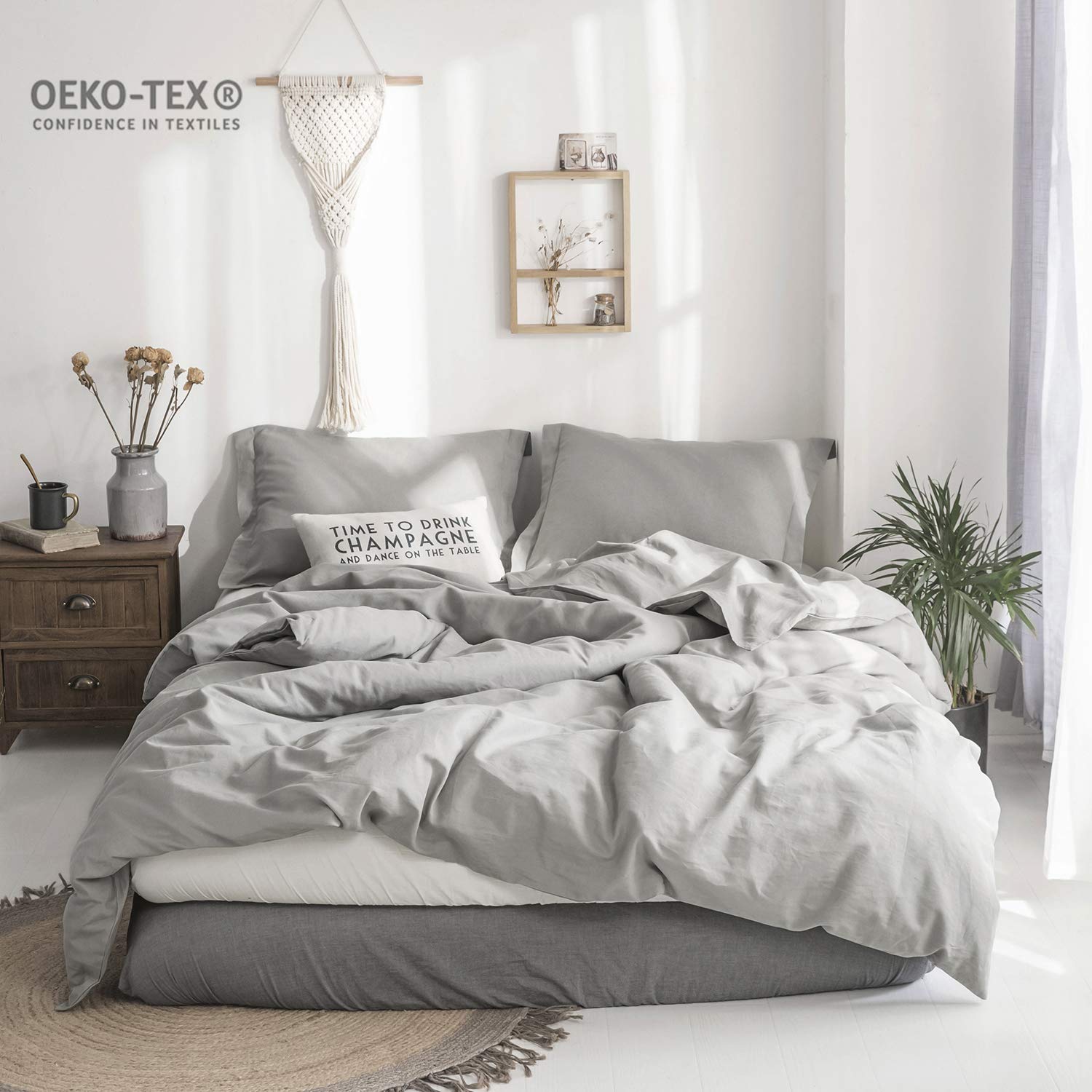 Simple&Opulence 100% Stone Washed Linen Solid Color Basic Style King Queen Twin Full Duvet Cover Sets (Grey, Queen)