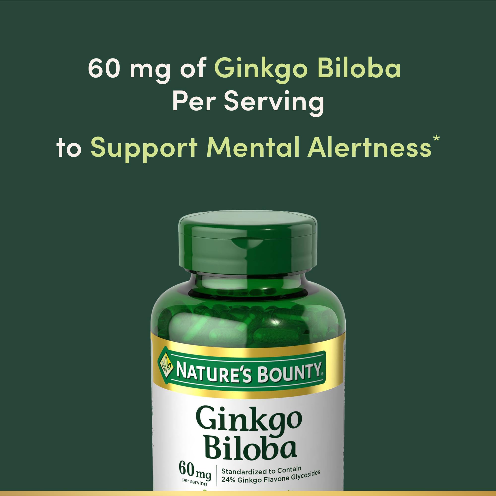 Nature's Bounty Ginkgo Biloba, Supports Healthy Brain Function, Herbal Supplement, 60 Mg, 200 Capsules
