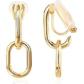FAN&LOUIS 24K Gold Plated Clip On Earrings for Women, Gold Chain Link Drop Dangle Double Hoops Hypoallergenic Trendy Lightweight Clip-On Earrings for Non-Pierced Ears