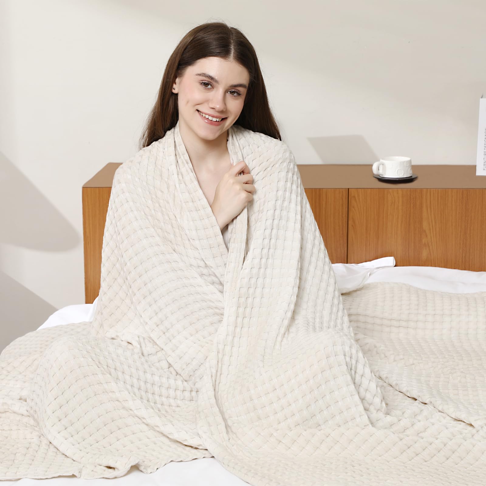 Photo 1 of Aganear Waffle Blanket - Lightweight Breathable Summer Blanket of 50% Cotton and 50% Rayon Derived from Bamboo for Hot Sleepers Luxury Throws for Bed, Couch and Sofa,Beige,90x90 Inches