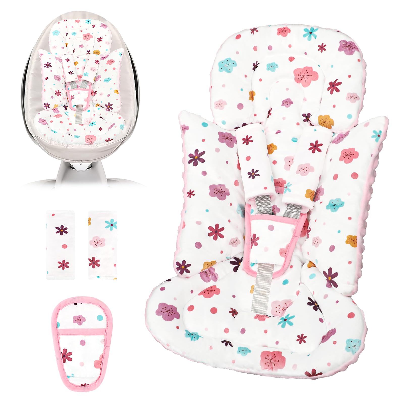 Photo 1 of Infant Car Seat Insert with 3 Strap Covers, 3 in 1 Reversible Floral Baby Car Seat Head Support for Newborn, Baby Girl Newborn Essentials for Preemie to Infant, Stroller, Swing, Bouncer (Pink)