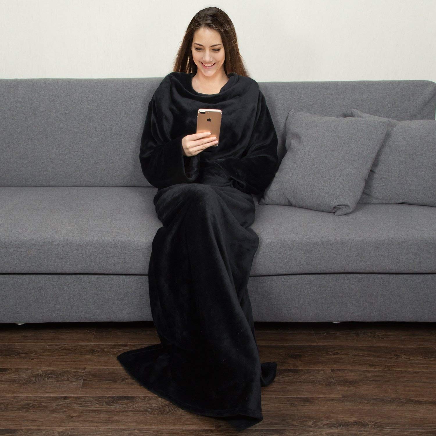 Catalonia Platinum Blanket with Sleeves, Ultra Plush Fleece Warm Blankets for Adult Women Men 185cm x 130cm, Black