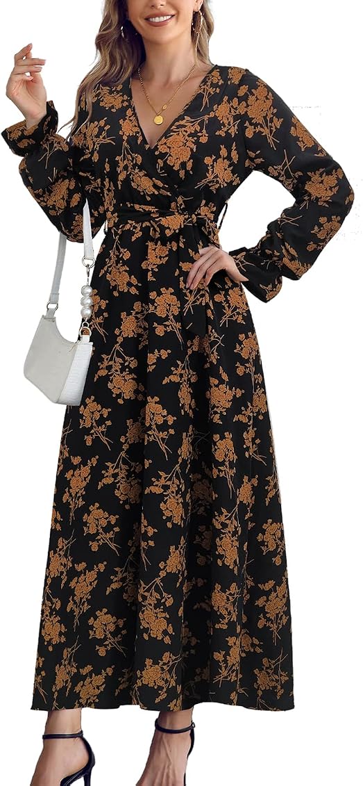 Floral V Neck Wrap Maxi Dresses 