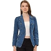 Allegra K Women's Jean Jacket Button Down Notched Lapel Long Sleeve Work Office Denim Blazer Jacket