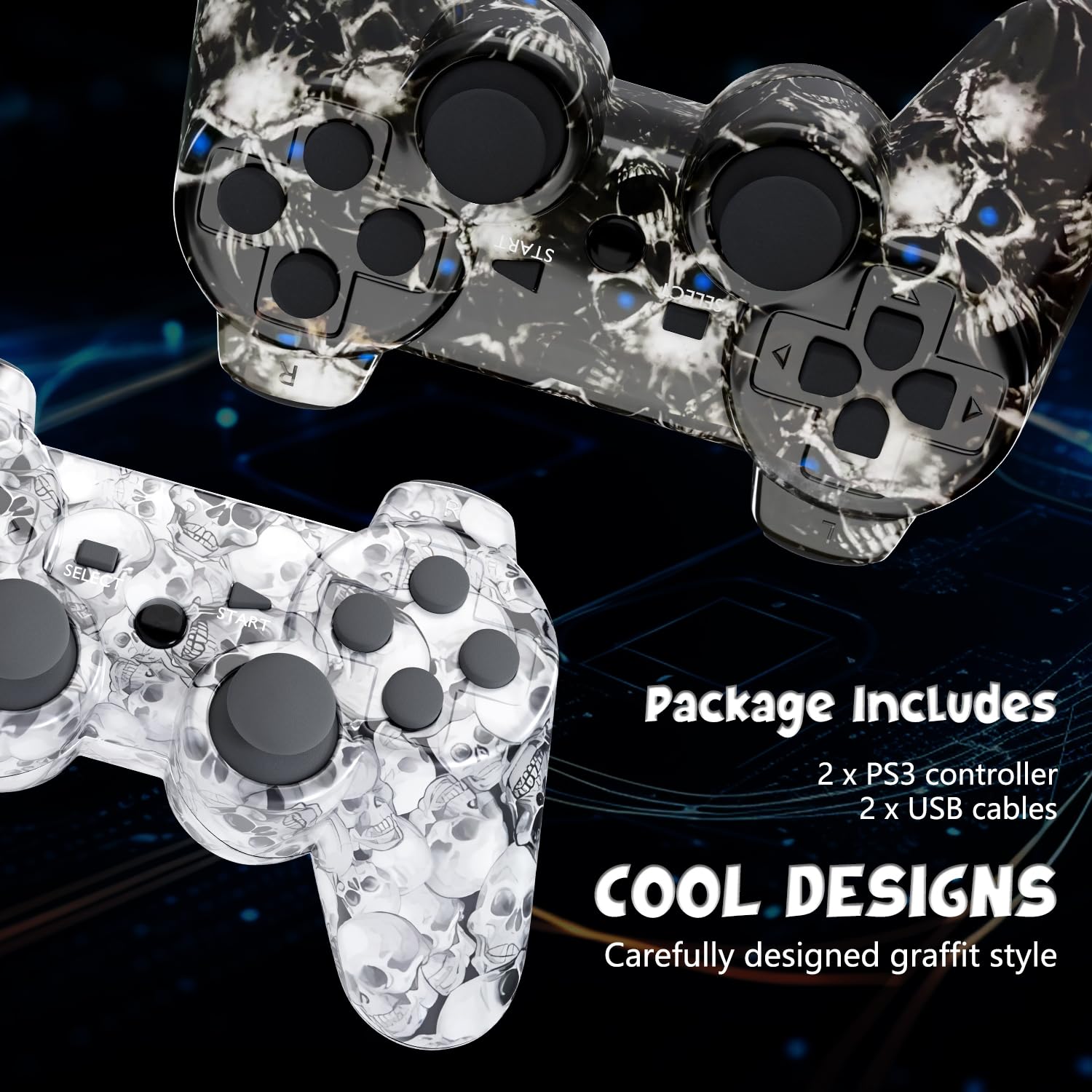 Controller for PS-3 Wireless, Gaming Remote Joystick for Play 3 with Charger Cable Cord (Black Ghost, White Skull)