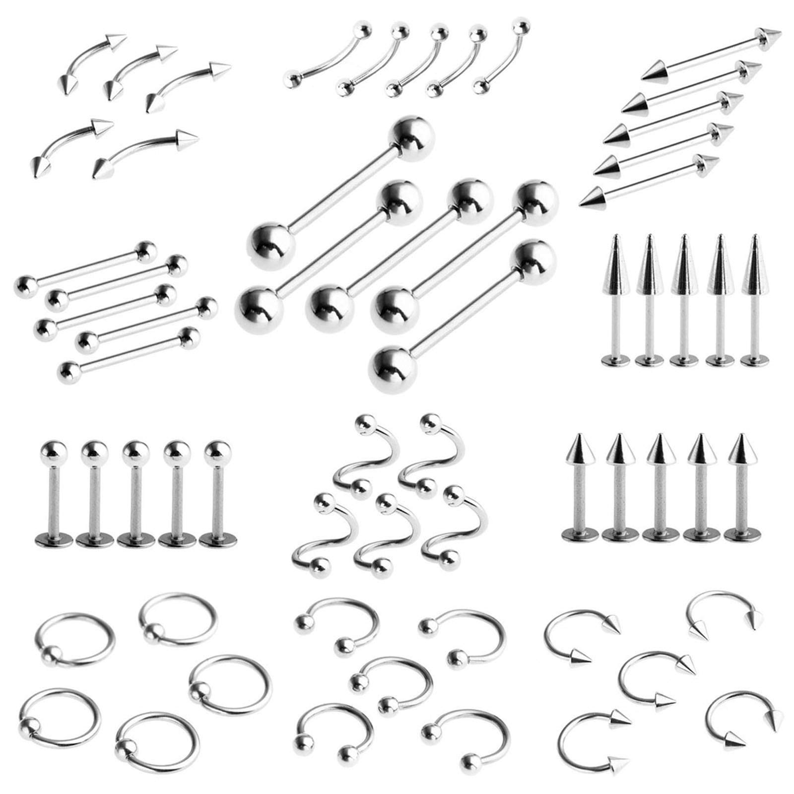 PiercingJak Multi Piercing Set 60pcs 316L Surgical Steel Body Piercing Stud Barbell for Tongue Nose Ear Lip Nipples Eyebrows Helix Tragus Cartilage Ring Rings Multi-purpose Silver Unisex Punk