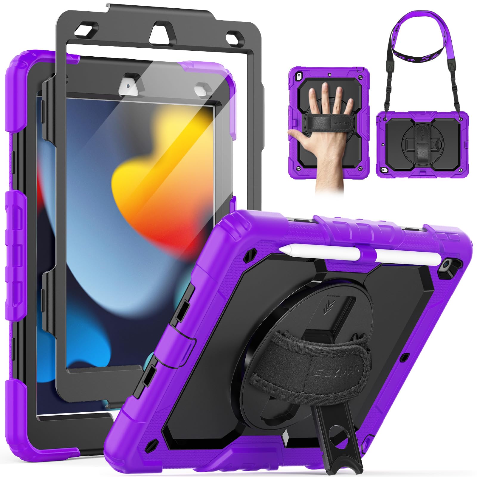 SEYMAC Case for iPad 9th/8th/7th Generation 2021/2020/2019 10.2 inch, Shockproof Case with Screen Protector, 360 Degree Rotating Stand/Hand Strap, Pen Holder for iPad 10.2 Inch, Purple