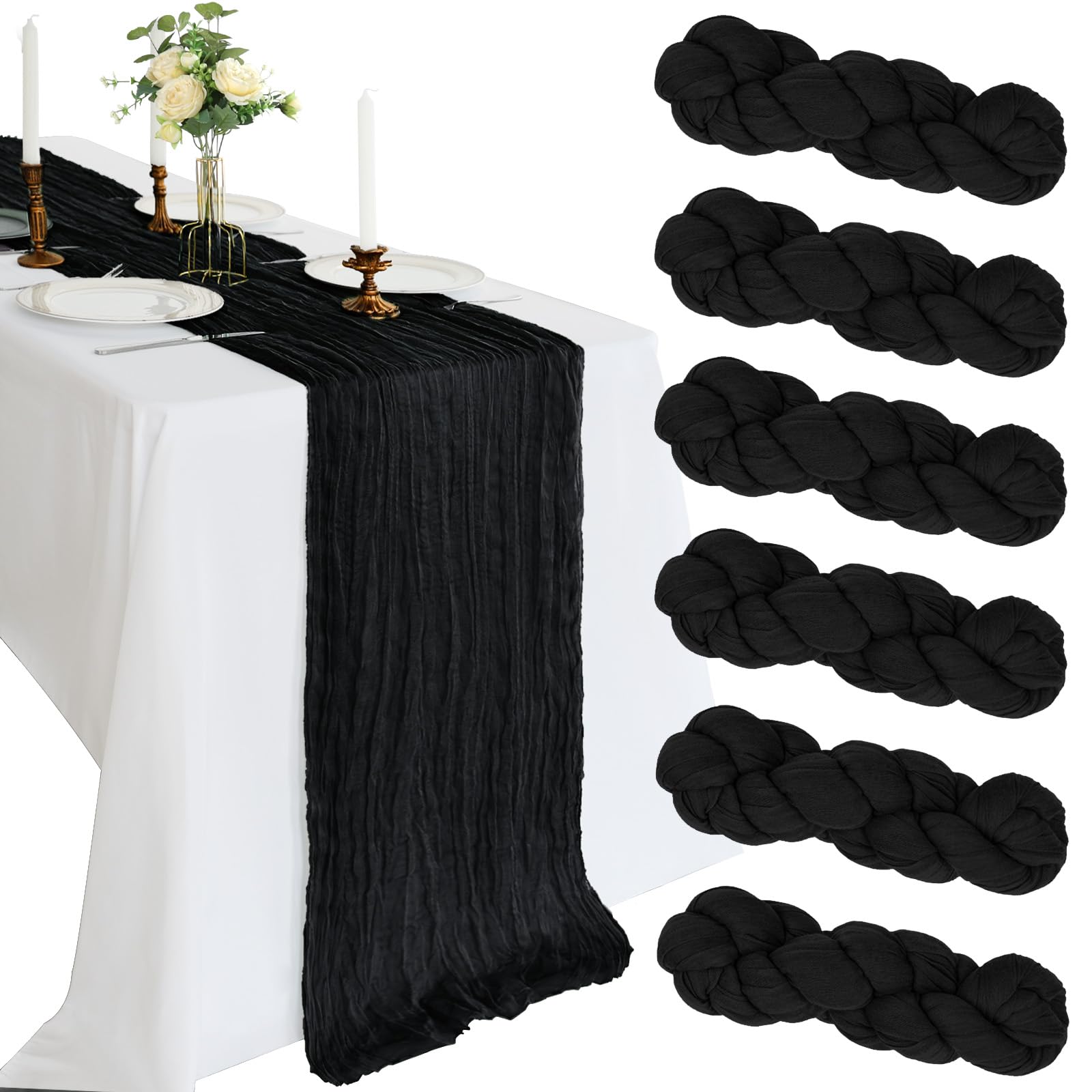 Photo 1 of 6 Pack 10FT Black Cheesecloth Table Runner 120 Inch Long Gauze Rustic Boho Cheese Cloth Table Runner Sheer Fabric for Wedding Party Birthday Bridal Baby Shower Halloween Centerpiece Home Decor