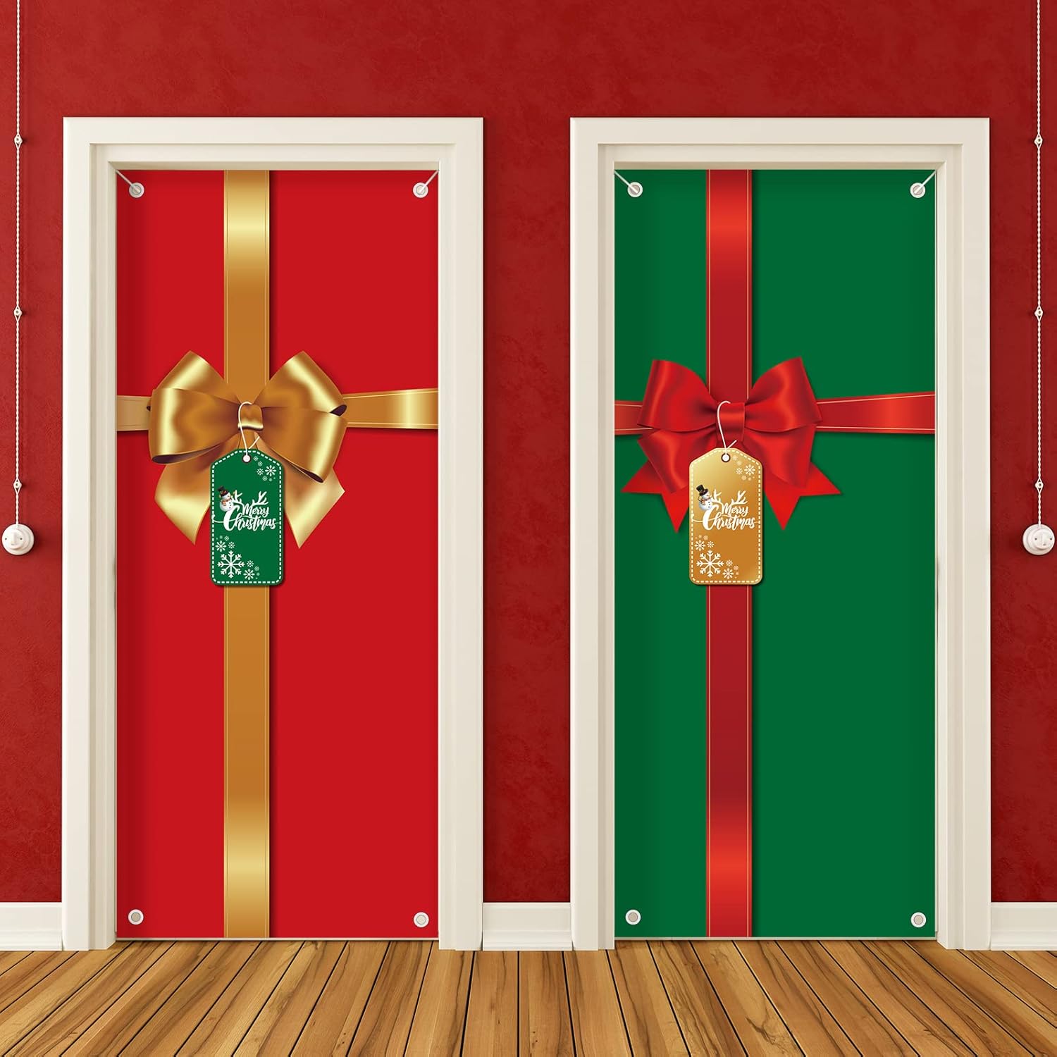 Garage Door Decorations - Christmas Door Cover Hanging Gift Package Door Covers Decoration for Front Door Bathroom Toilet Backdrop Holiday Xmas House Party Supply, 70.9 x 35.4 Inch (Green, Red, 2 Pieces)