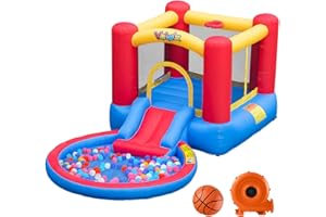 Valwix Inflatable Bounce House with Blower for Kids 3-5 y/o, Bouncy Castle w/Waterslide & Pool for Wet Dry Combo, Bouncer w/Repair Kits, Fun Bounce Area with Basketball Hoop