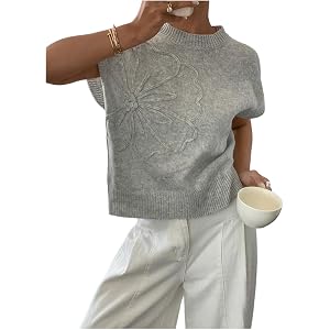 SOLY HUX Women's Short Sleeve Business Casual Sweater | 3D Floral, Pullover, Tank Tops, Knit Vest,Work Top